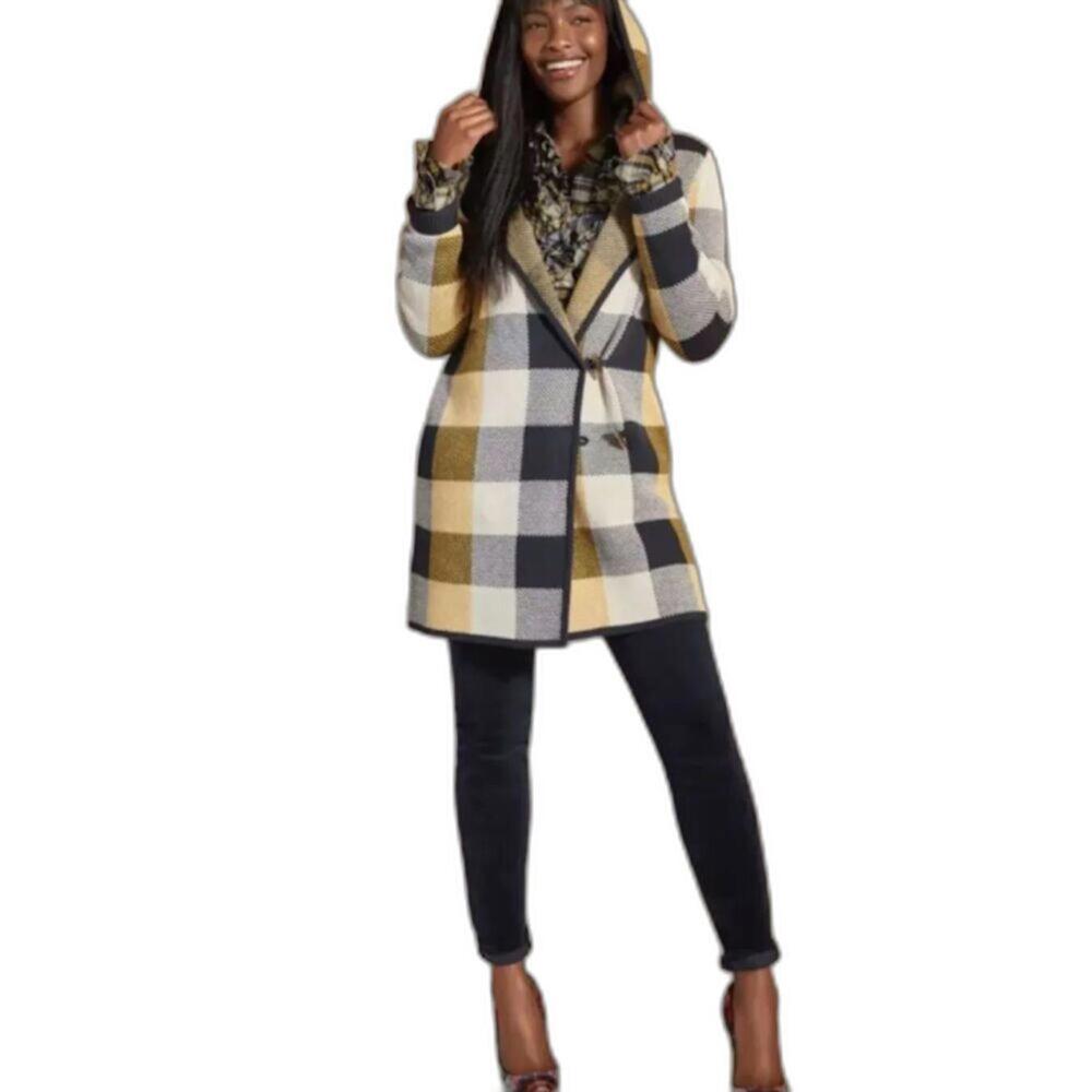 Cabi Sweater Coat Hooded Close-Knit Cardigan Buffalo Plaid Check Size Small